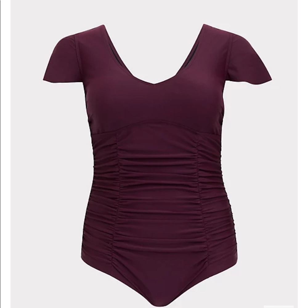 Grape Purple Wireless Flutter Sleeve One Piece Swimsuit
